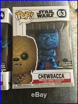 Lot Of 3 Star Wars Celebration Blue Chrome Pops! Yoda Princess Leia, Chewbacca