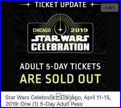 Star Wars Celebration Chicago 2019 (2) 5-Day Adult Passes And (2) Patches