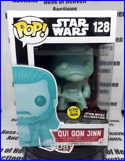 Star Wars Qui Gon Jinn GITD Star Wars Celebration Funko Pop! #128 withHard Stack